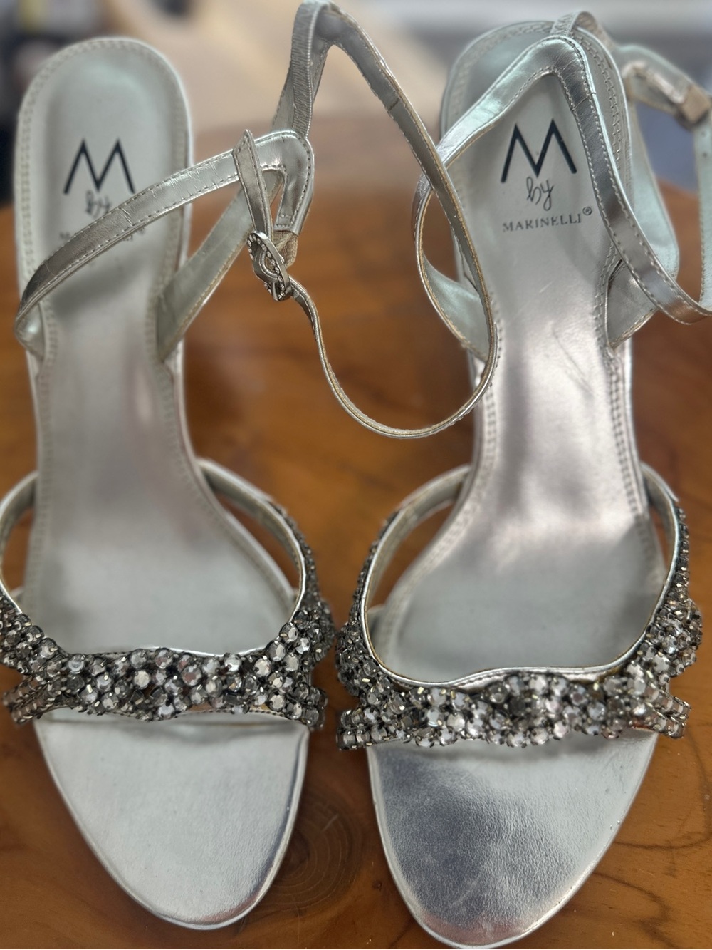 M by Marinozzi Silver Crystal Strap Evening Heels